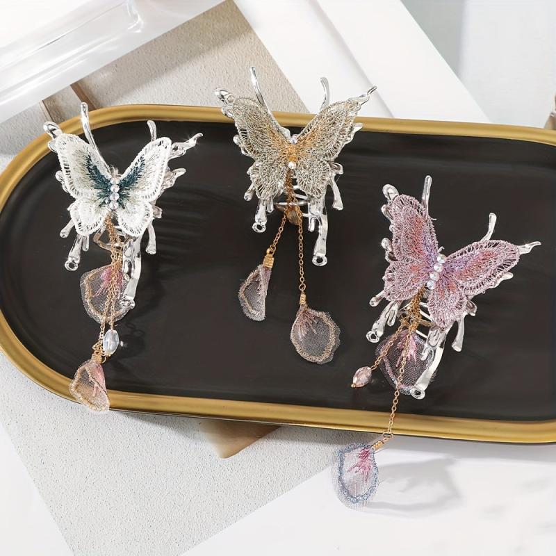 Butterfly Hair Claw Clip Rhinestone Tassel Banana Clip
