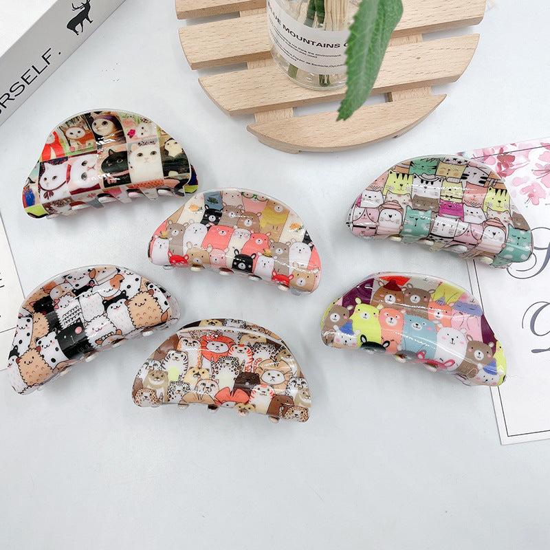 Women Cartoon Animal Hair Claw Acrylic Cat Bear Pattern Nonslip Ponytail Holder