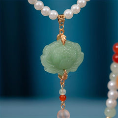 Faux Pearl Beaded Necklace with Faux Jade Pendant Chinese Style Ornament