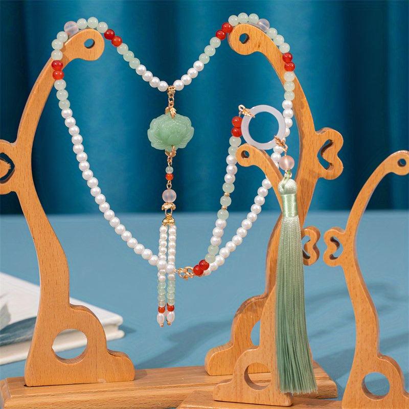 Faux Pearl Beaded Necklace with Faux Jade Pendant Chinese Style Ornament