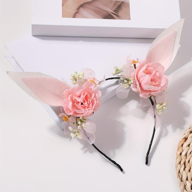 Elf Ears Headband With Flower Sweet Floral Rabbit Ears Head Hoop