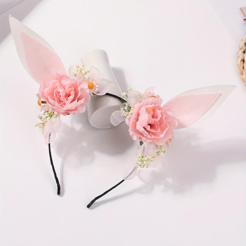 Elf Ears Headband With Flower Sweet Floral Rabbit Ears Head Hoop