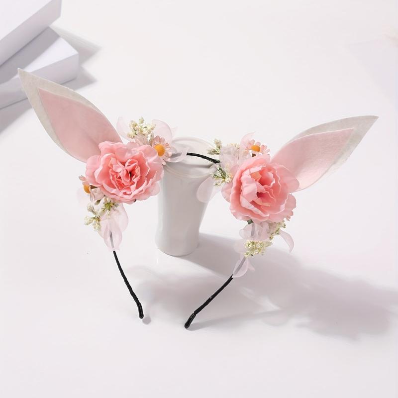 Elf Ears Headband With Flower Sweet Floral Rabbit Ears Head Hoop