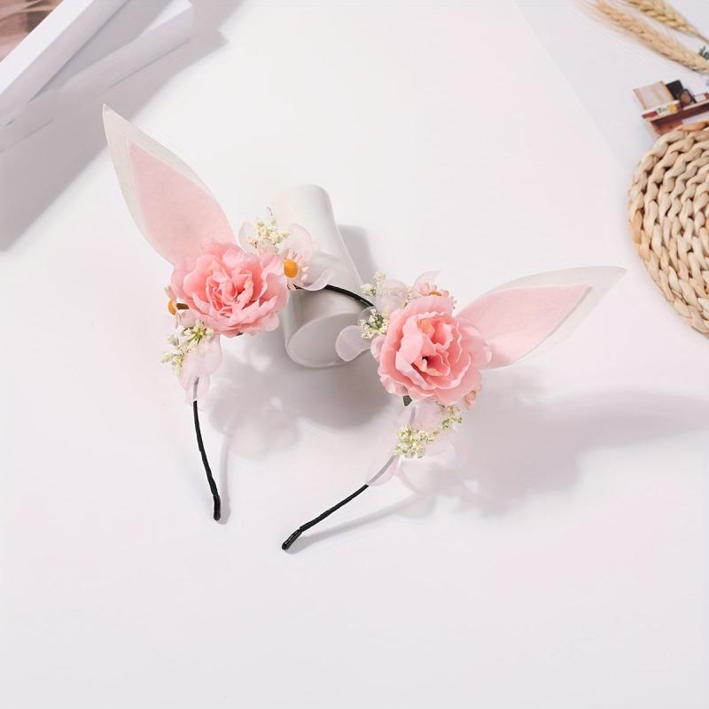 Elf Ears Headband With Flower Sweet Floral Rabbit Ears Head Hoop