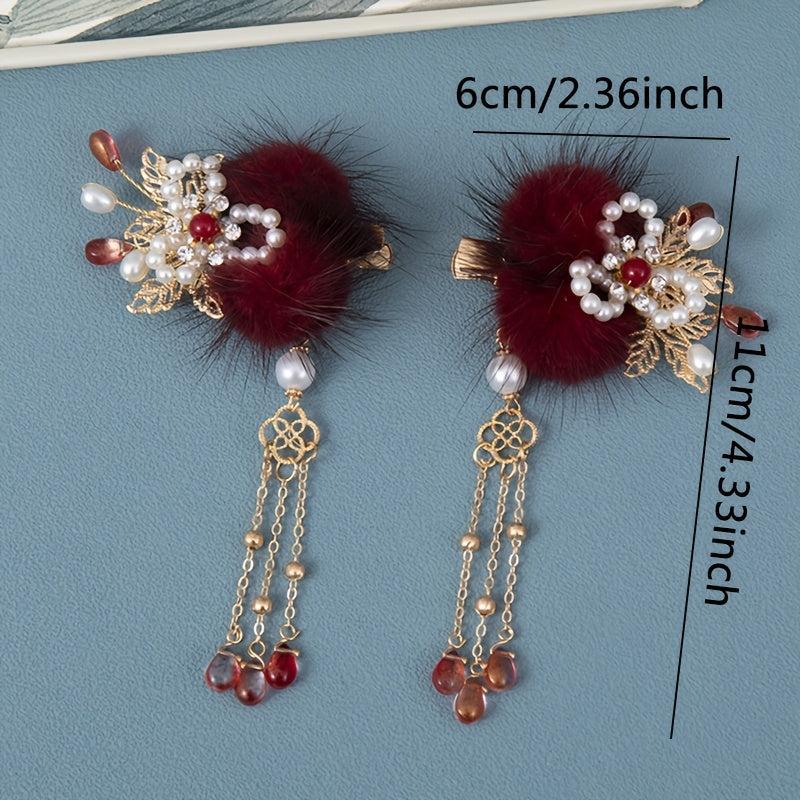 Vintage Cheongsam Hair Clip with Faux Pearl Fur Ball
