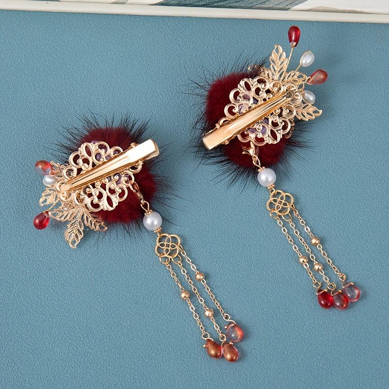 Vintage Cheongsam Hair Clip with Faux Pearl Fur Ball
