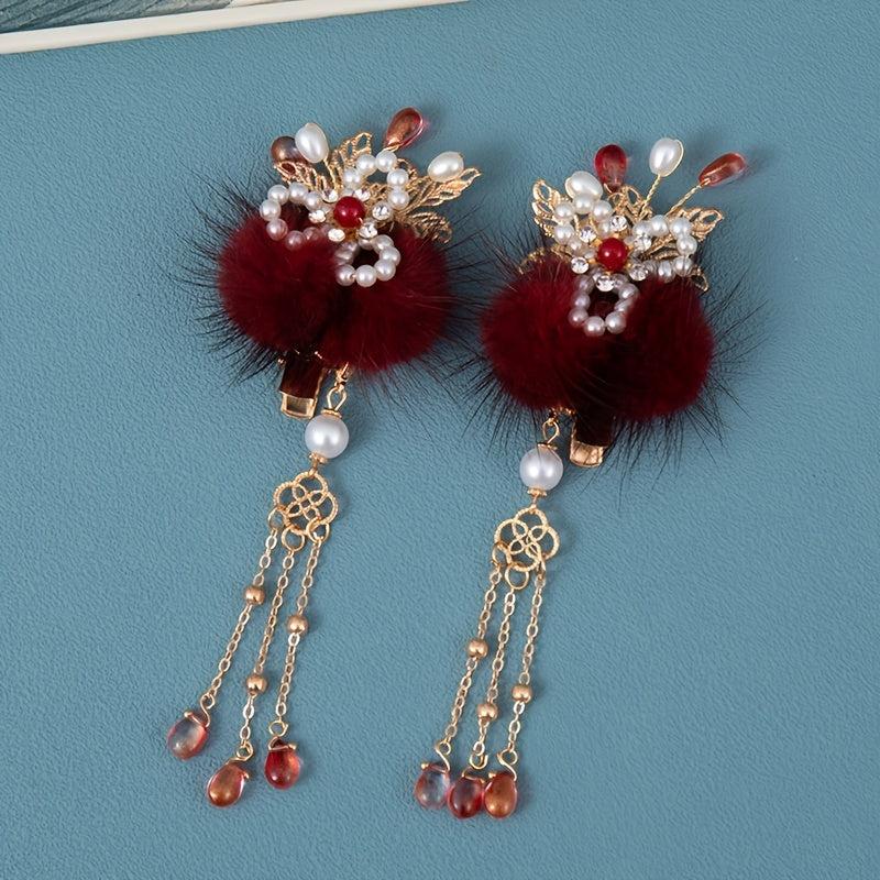 Vintage Cheongsam Hair Clip with Faux Pearl Fur Ball
