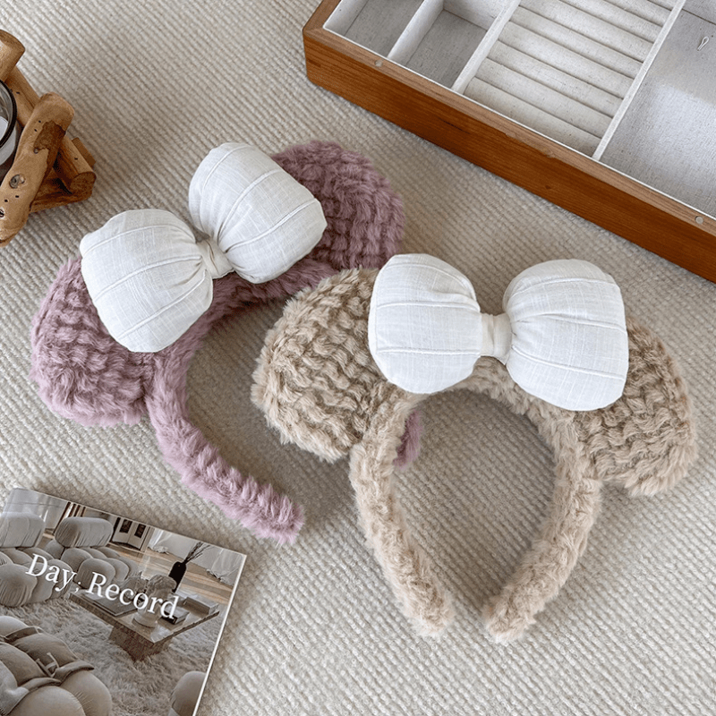Plush Bow Bear Ears Decor Headband Fluffy Hair Band for Girls Women