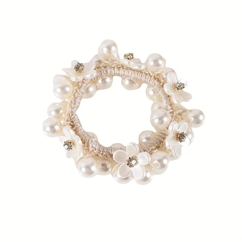 Faux Pearl Beaded Hair Tie Floral Hair Rope Ponytail Hair Ring
