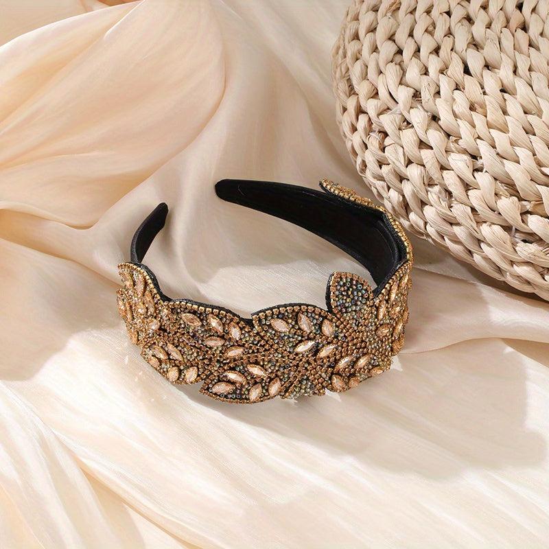 Baroque Wide Crystal Headband Glitter Leaf Headdress For Women