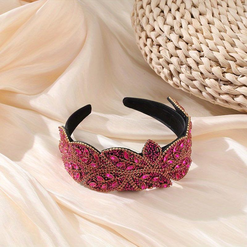 Baroque Wide Crystal Headband Glitter Leaf Headdress For Women