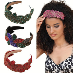 Baroque Wide Crystal Headband Glitter Leaf Headdress For Women