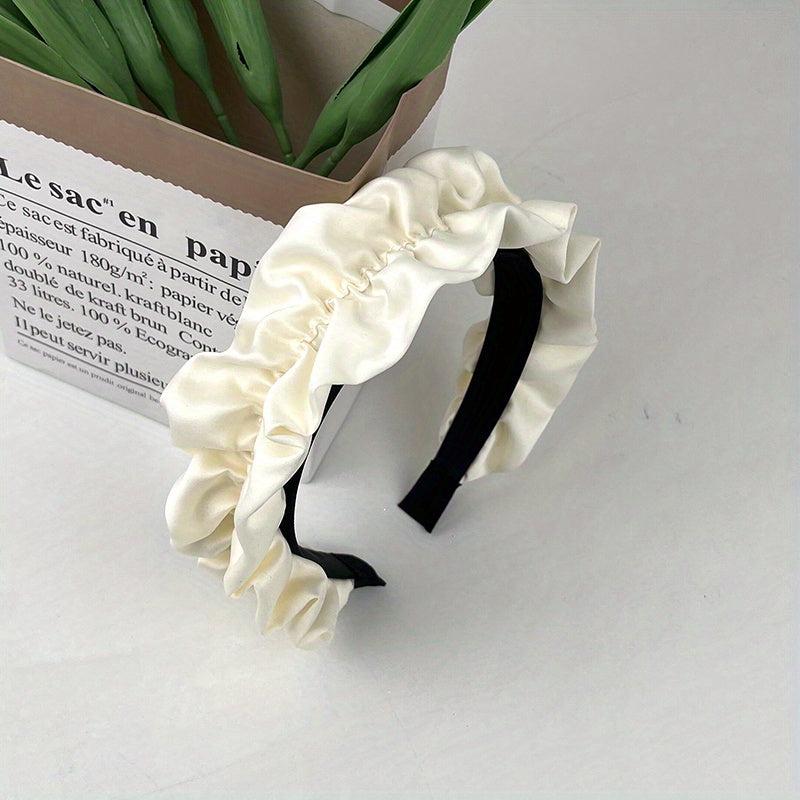 Wide Brim Head Hoop Satin Pleated Hair Band Solid Headdress