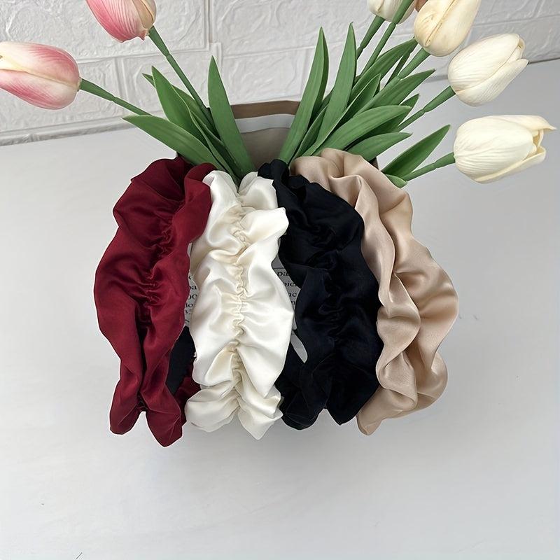 Wide Brim Head Hoop Satin Pleated Hair Band Solid Headdress