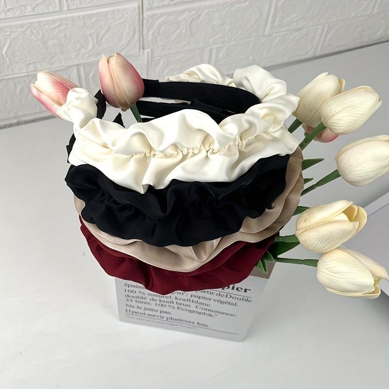Wide Brim Head Hoop Satin Pleated Hair Band Solid Headdress