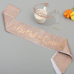 2pcs Golden Crown & Satin Sash Crystal Women Kids Birthday Deco