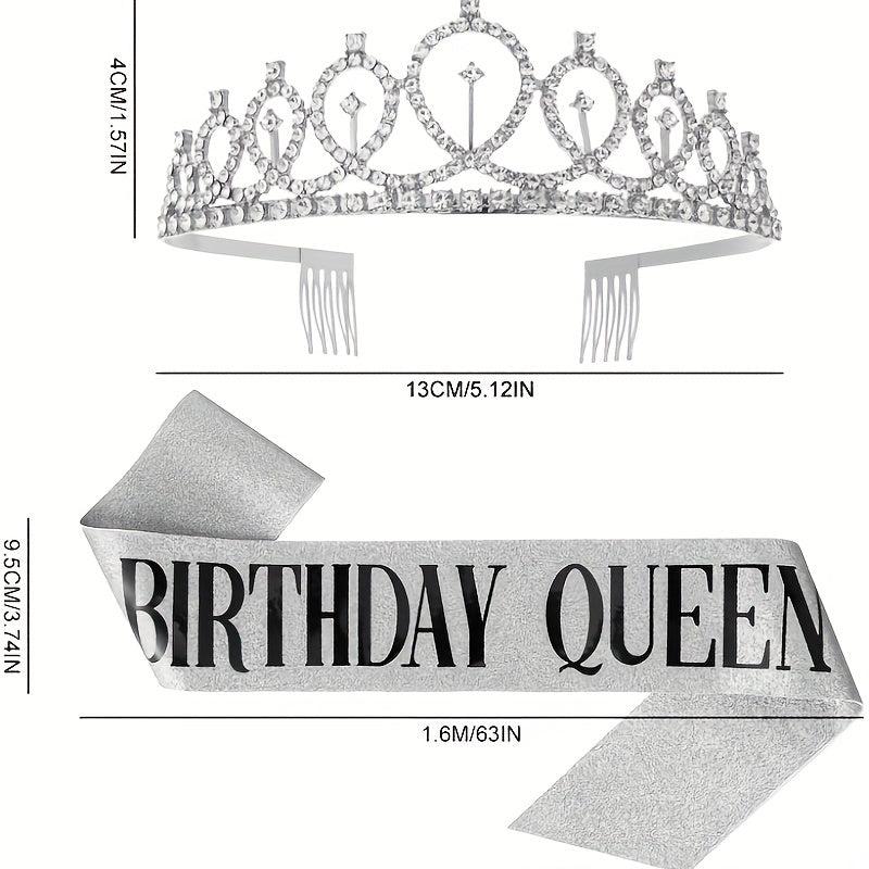 2pcs Golden Crown & Satin Sash Crystal Women Kids Birthday Deco