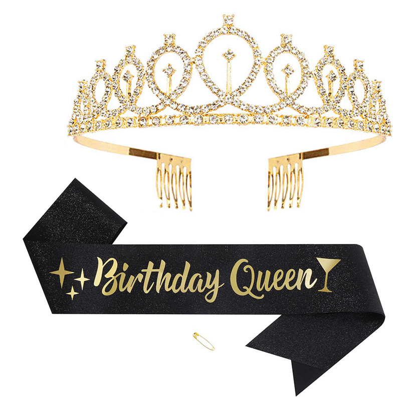 2pcs Golden Crown & Satin Sash Crystal Women Kids Birthday Deco