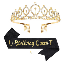 2pcs Golden Crown & Satin Sash Crystal Women Kids Birthday Deco