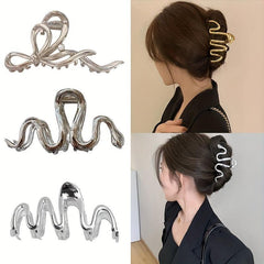 3pcs Metal Wave Hair Claw Large Back Head Shark Claw Headwear Hair Accessories