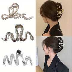 3pcs Metal Wave Hair Claw Large Back Head Shark Claw Headwear Hair Accessories