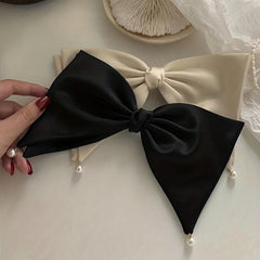 Large Satin Bow Hair Clip With Faux Pearl Tassel Style Barrette