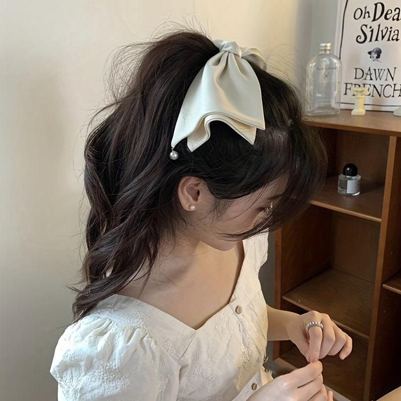 Large Satin Bow Hair Clip With Faux Pearl Tassel Style Barrette
