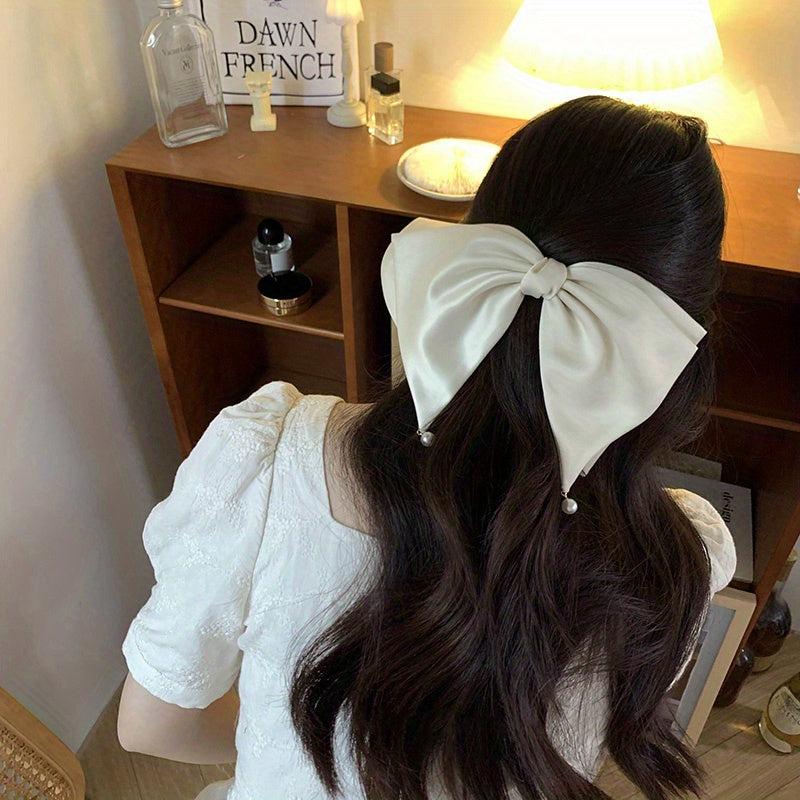 Large Satin Bow Hair Clip With Faux Pearl Tassel Style Barrette