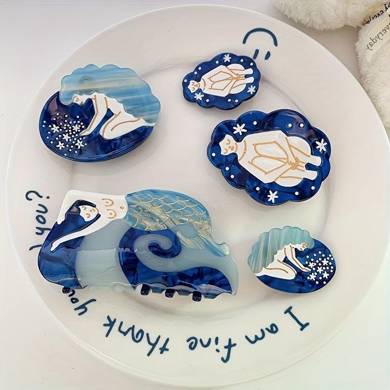 Mermaid Sea Pattern Hair Claw Sweet Ponytail Holder For Women Girls