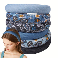 Boho Denim Headband Paisley Printed Hair Band Vintage Headdress
