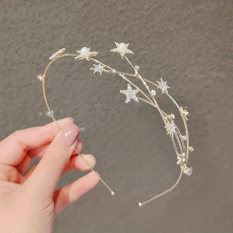 Crystal Star Headband Faux Pearl Hair Hoop Bridal Headband