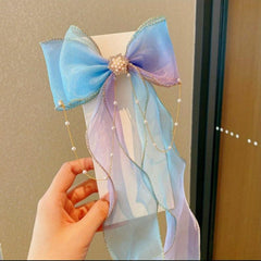 Colorful Bow Ribbon Hair Clip With Faux Pearl Tassel