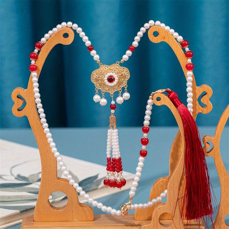 Faux Pearl Beaded Necklace Pendant Tassel Cheongsam Accessories