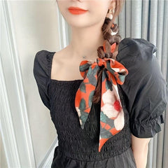 Vintage Printed Silky Scarf Hair Ribbon Long Bow Ribbon Braided Hair Rope