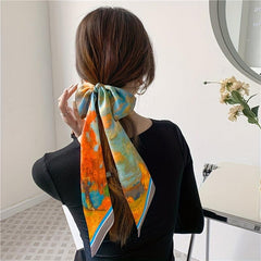 Vintage Printed Silky Scarf Hair Ribbon Long Bow Ribbon Braided Hair Rope