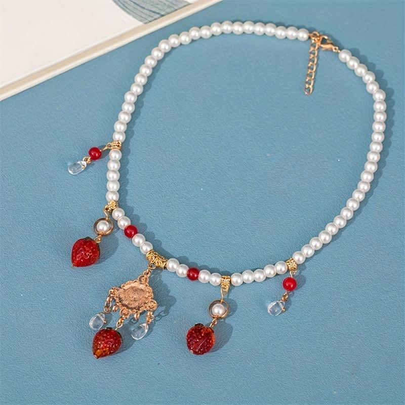 Chinese Style Faux Pearl Necklace with Strawberry Pendant