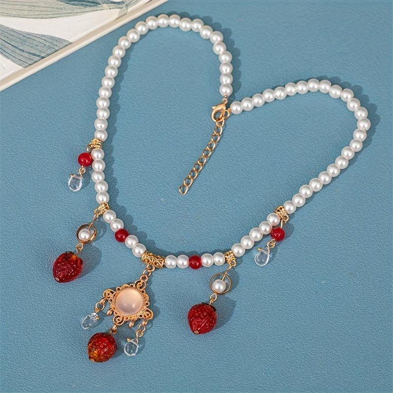 Chinese Style Faux Pearl Necklace with Strawberry Pendant