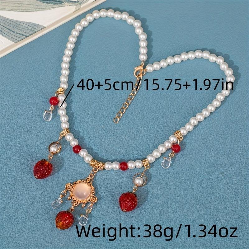 Chinese Style Faux Pearl Necklace with Strawberry Pendant
