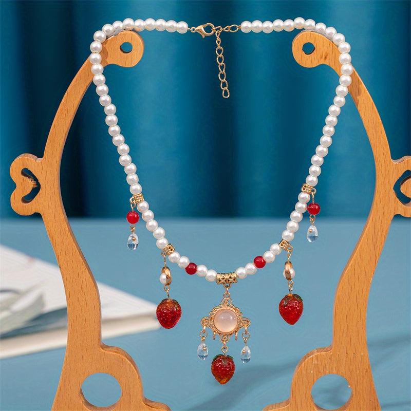 Chinese Style Faux Pearl Necklace with Strawberry Pendant