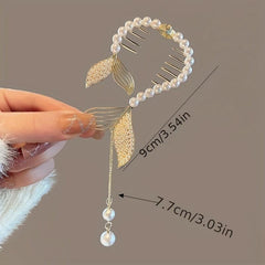 Rhinestone Faux Pearl Banana Clip Hair Accessory with Tassel