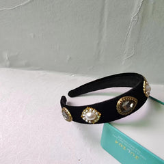 Baroque Rhinestone Faux Pearl Headband Wide Velvet Hair Band