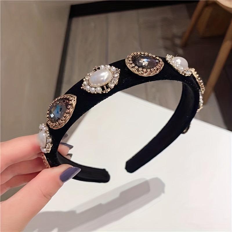 Baroque Rhinestone Faux Pearl Headband Wide Velvet Hair Band