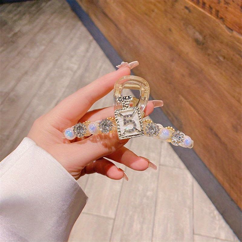 Acrylic Faux Pearl Rhinestone Hair Claw Large Shark Claw Back Head Hair Jewelry
