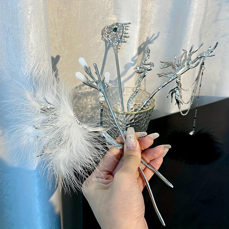 Silvery Hair Sticks Snake Faux Pearl Branch Hair Sticks