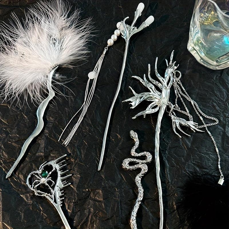 Silvery Hair Sticks Snake Faux Pearl Branch Hair Sticks