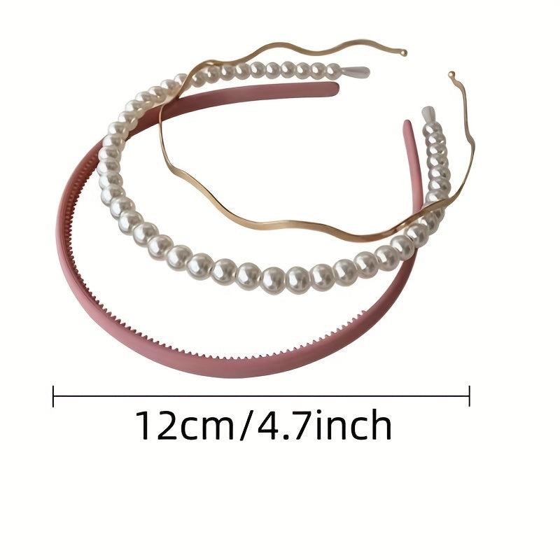 3pcs Faux Pearl Decor Headband Set, Matte Headdress Metal Hair Accessories