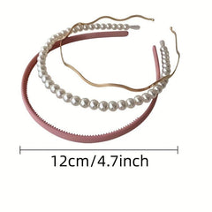 3pcs Faux Pearl Decor Headband Set, Matte Headdress Metal Hair Accessories