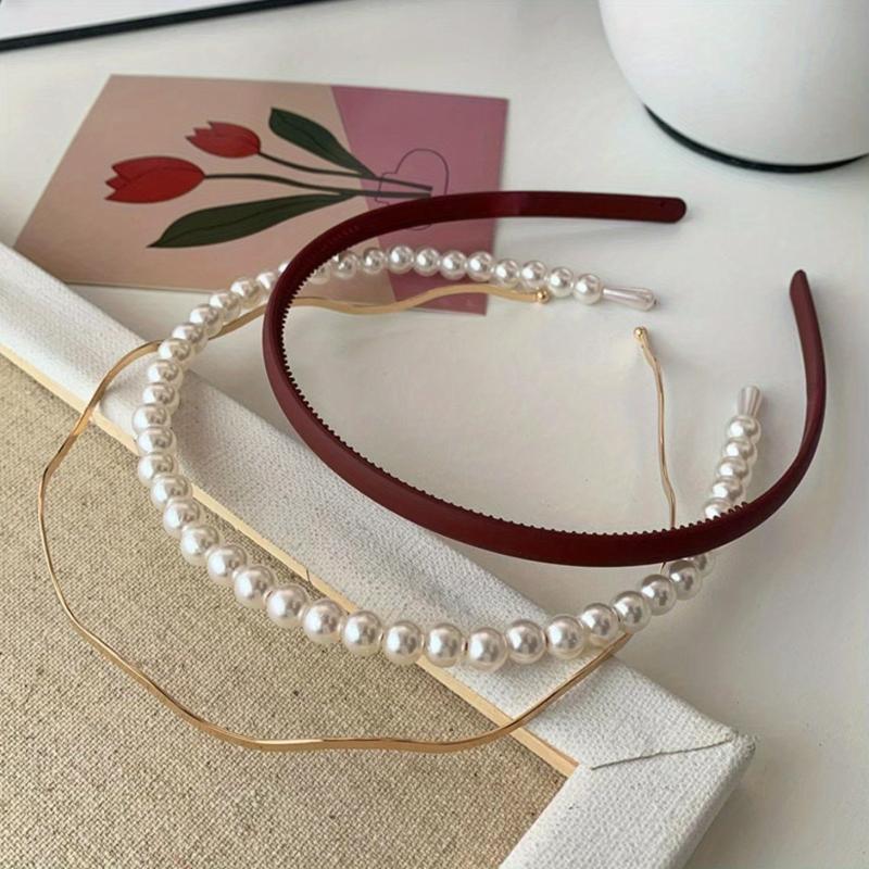 3pcs Faux Pearl Decor Headband Set, Matte Headdress Metal Hair Accessories