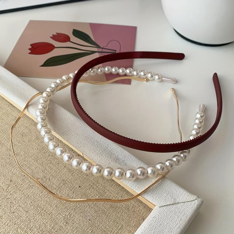 3pcs Faux Pearl Decor Headband Set, Matte Headdress Metal Hair Accessories