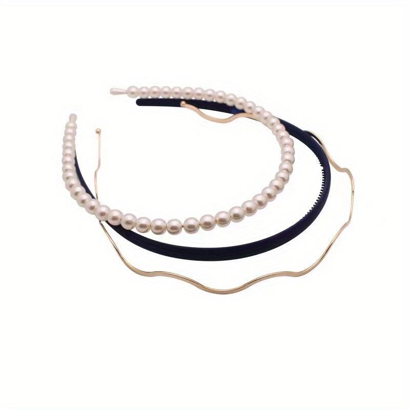 3pcs Faux Pearl Decor Headband Set, Matte Headdress Metal Hair Accessories